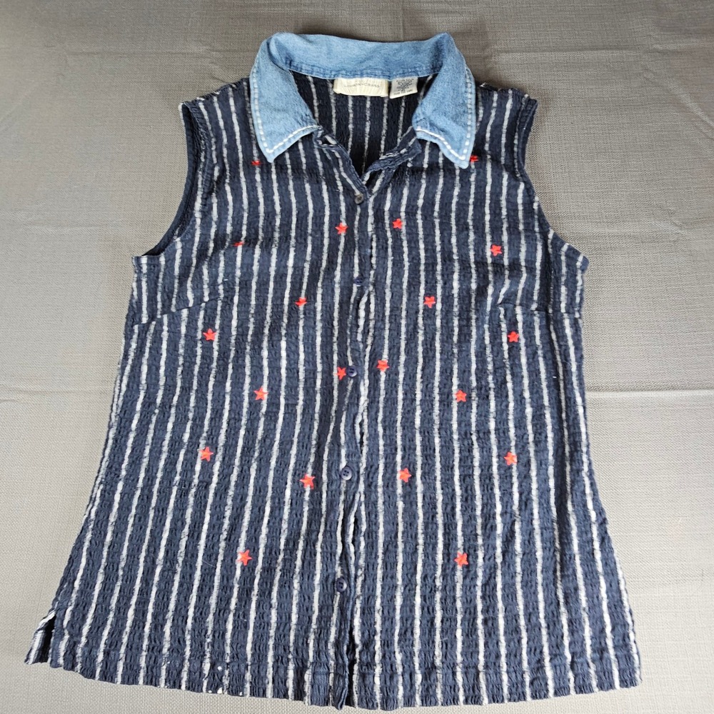 Lemon Grass XL Striped Sleeveless Top Denim‎ Poplin Collar Star Accents